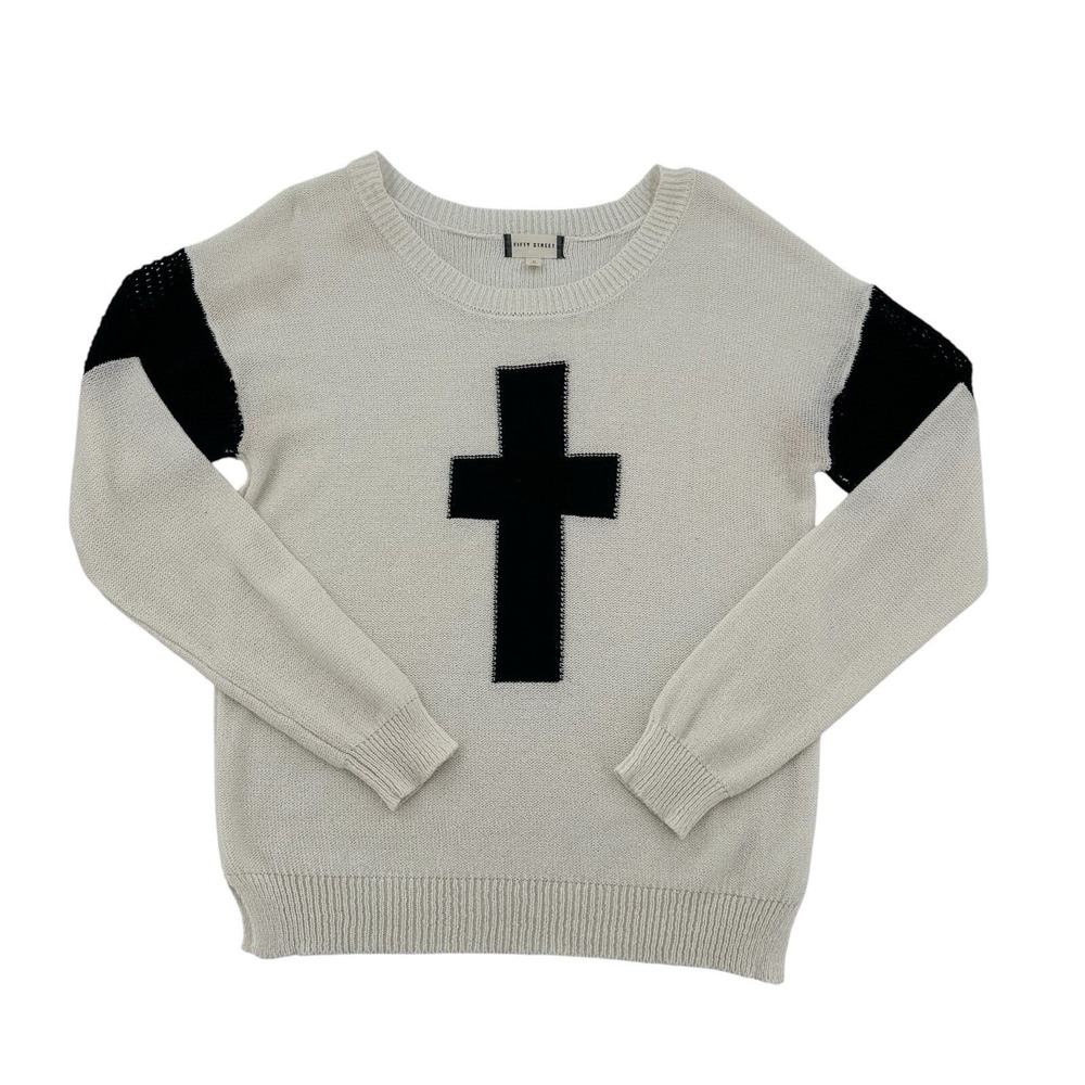Fifty Street Womens Size Small Cream Black Cross Graphic Knit Sweater Gothic